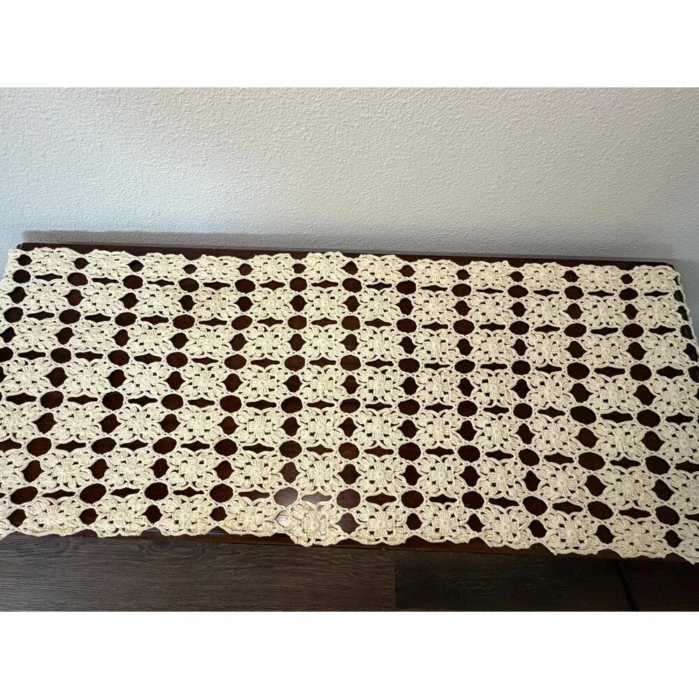 Vintage Cream Crochet Table Runner, Floral Openwork, Cottagecore Grannycore Deco